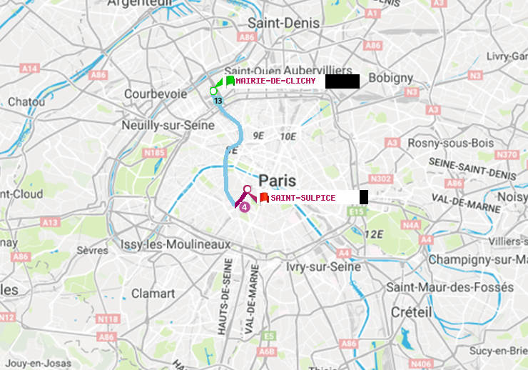 plan itinéraire ratp de Mairie de Clichy à Saint-Sulpice