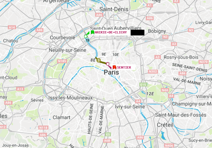 plan itinéraire ratp de Mairie de Clichy à Sentier