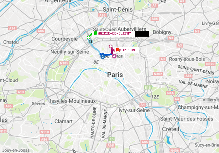 plan itinéraire ratp de Mairie de Clichy à Simplon