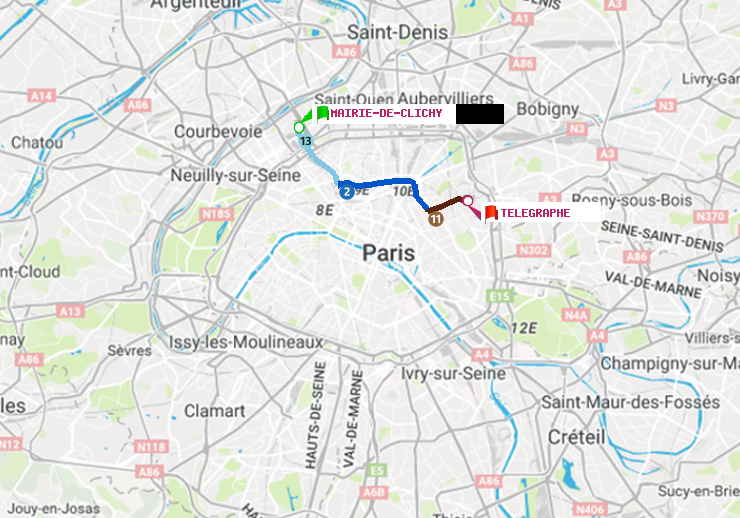 plan itinéraire ratp de Mairie de Clichy à Telegraphe