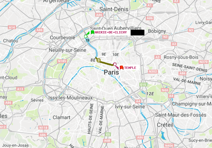 plan itinéraire ratp de Mairie de Clichy à Temple