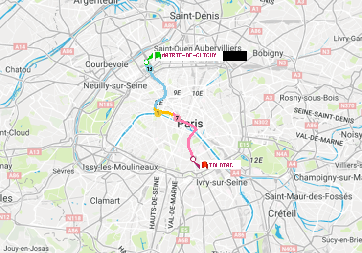 plan itinéraire ratp de Mairie de Clichy à Tolbiac