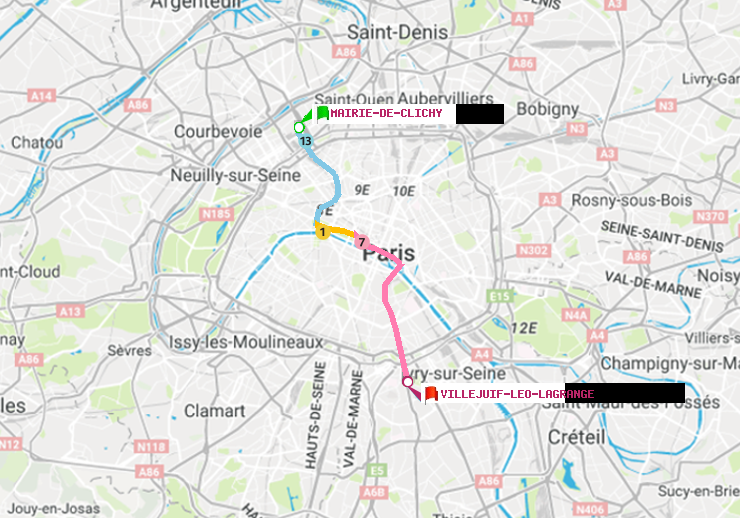 plan itinéraire ratp de Mairie de Clichy à Villejuif-Léo Lagrange