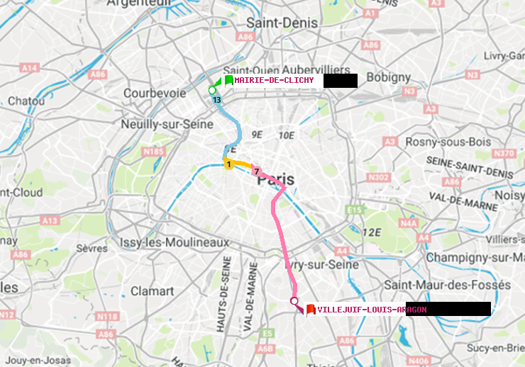 plan itinéraire ratp de Mairie de Clichy à Villejuif-Louis Aragon