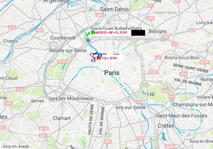 plan itinéraire ratp de Mairie de Clichy à Villiers