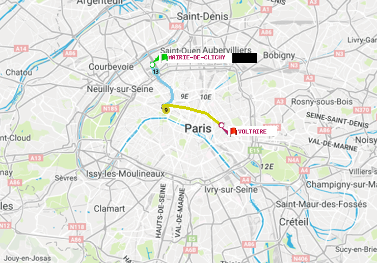 plan itinéraire ratp de Mairie de Clichy à Voltaire (Léon Blum)