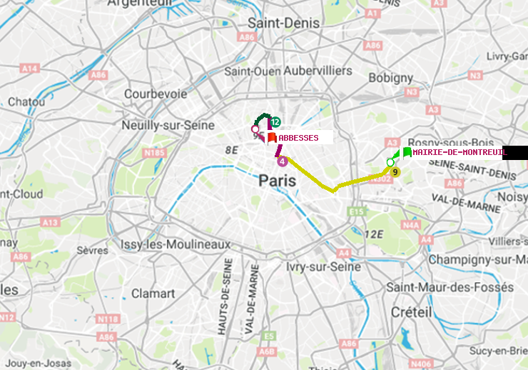 plan itinéraire ratp de Mairie de Montreuil à Abbesses