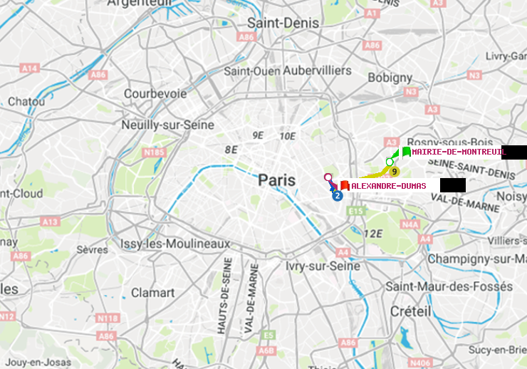 plan itinéraire ratp de Mairie de Montreuil à Alexandre-Dumas