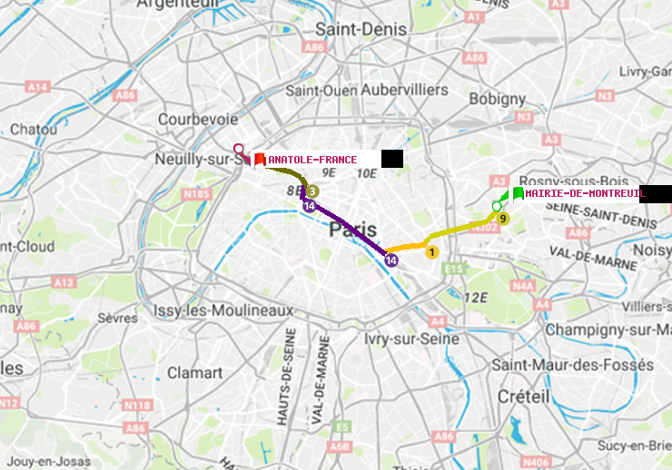 plan itinéraire ratp de Mairie de Montreuil à Anatole-France