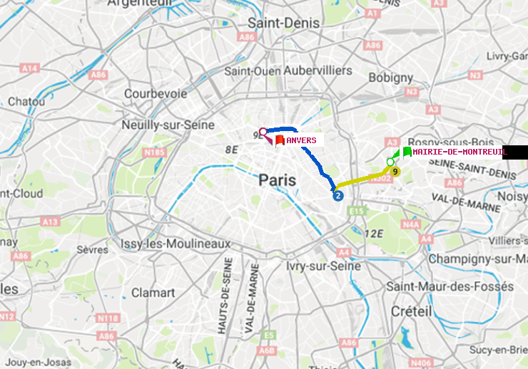 plan itinéraire ratp de Mairie de Montreuil à Anvers