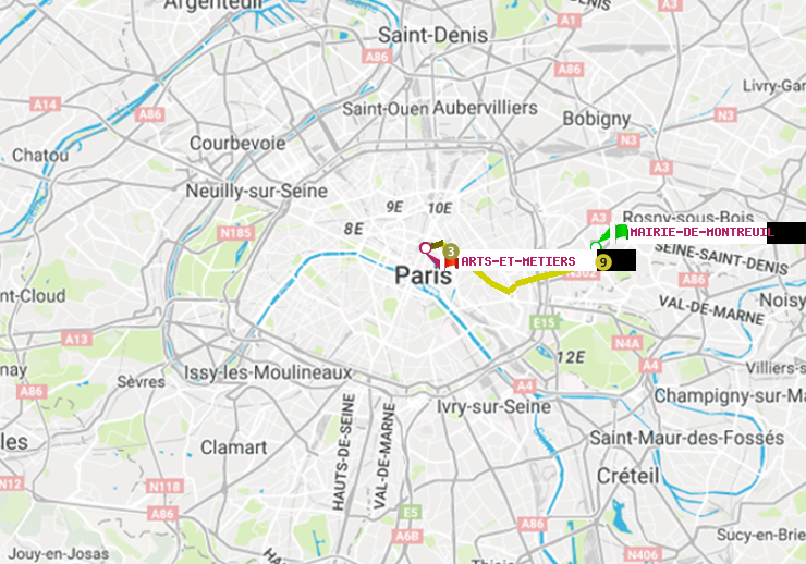plan itinéraire ratp de Mairie de Montreuil à Arts-et-Métiers