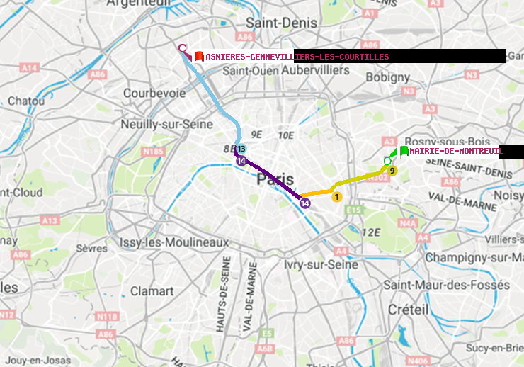 plan itinéraire ratp de Mairie de Montreuil à Asnieres-Gennevilliers Les Courtilles