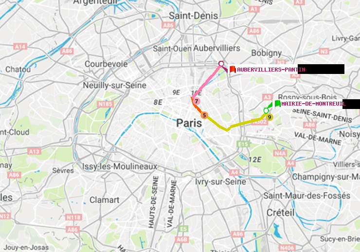 plan itinéraire ratp de Mairie de Montreuil à Aubervilliers Pantin (4 Chemins)