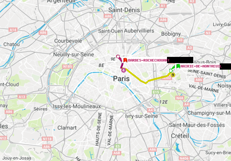 plan itinéraire ratp de Mairie de Montreuil à Barbès-Rochechouart