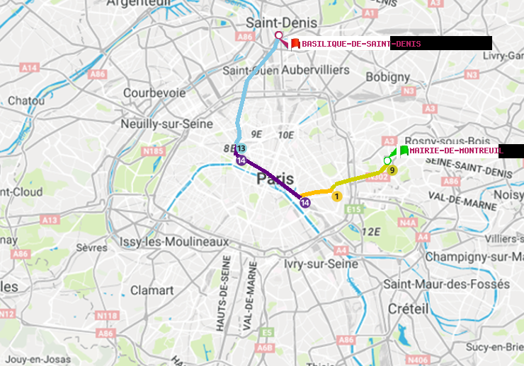 plan itinéraire ratp de Mairie de Montreuil à Basilique de Saint-Denis
