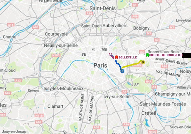 plan itinéraire ratp de Mairie de Montreuil à Belleville