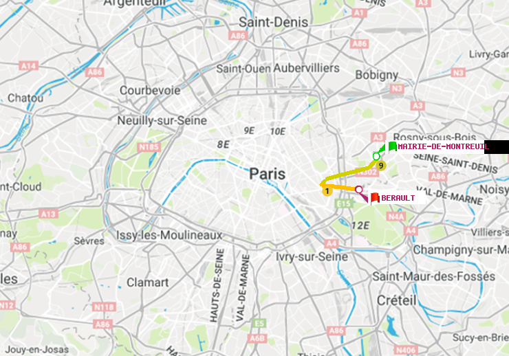 plan itinéraire ratp de Mairie de Montreuil à Bérault