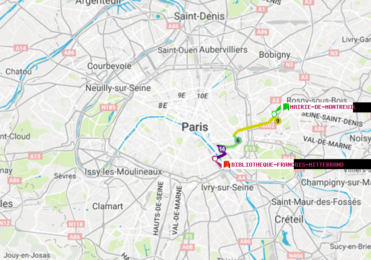 plan itinéraire ratp de Mairie de Montreuil à Bibliotheque-Francois Mitterrand