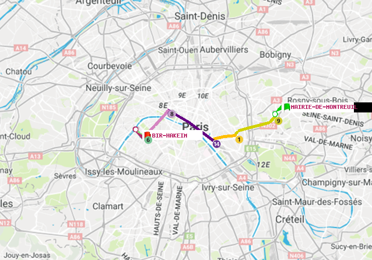 plan itinéraire ratp de Mairie de Montreuil à Bir-Hakeim (Grenelle)