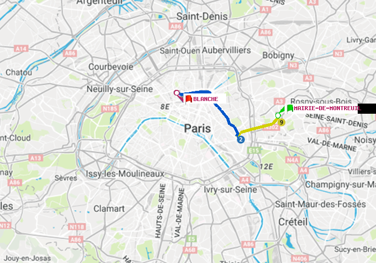 plan itinéraire ratp de Mairie de Montreuil à Blanche
