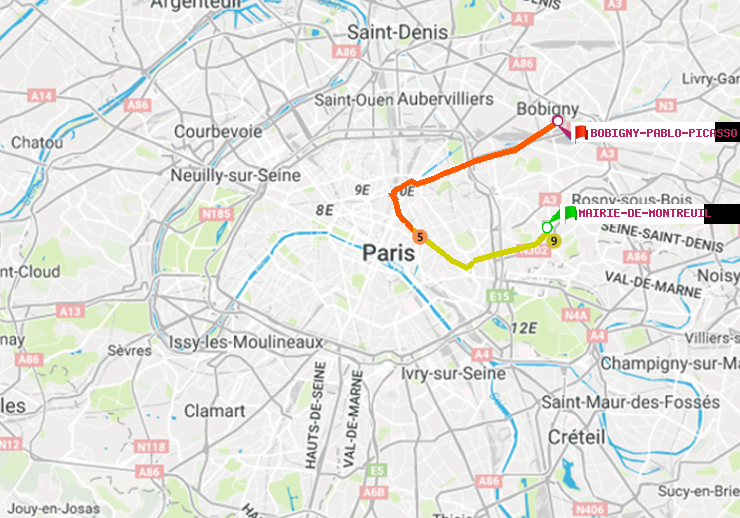 plan itinéraire ratp de Mairie de Montreuil à Bobigny-Pablo-Picasso