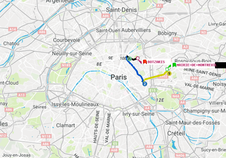 plan itinéraire ratp de Mairie de Montreuil à Botzaris