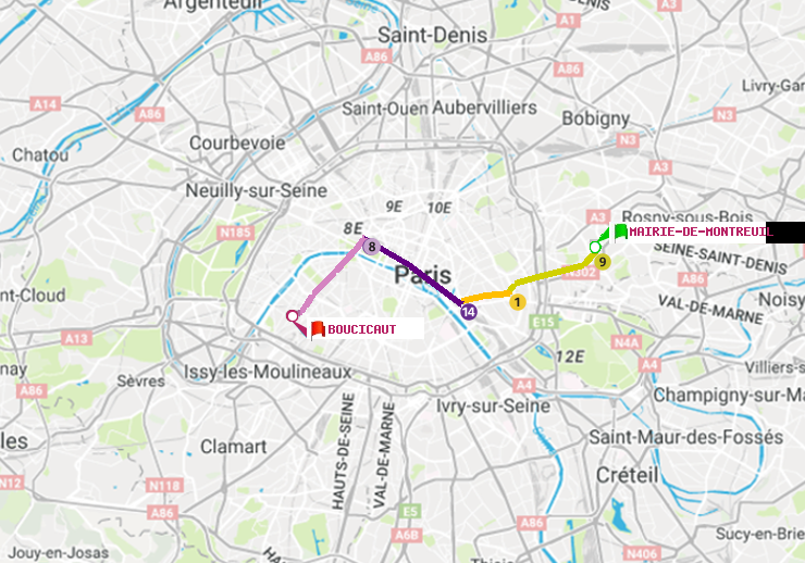 plan itinéraire ratp de Mairie de Montreuil à Boucicaut
