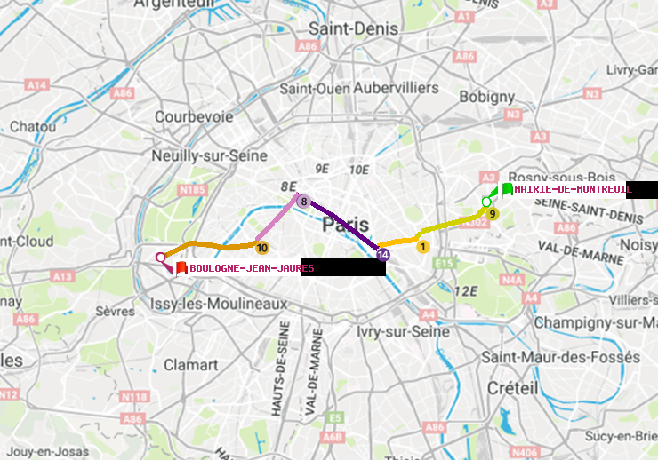 plan itinéraire ratp de Mairie de Montreuil à Boulogne-Jean-Jaurès