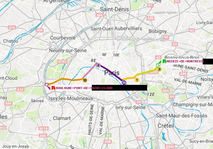 plan itinéraire ratp de Mairie de Montreuil à Boulogne Pont de Saint-Cloud
