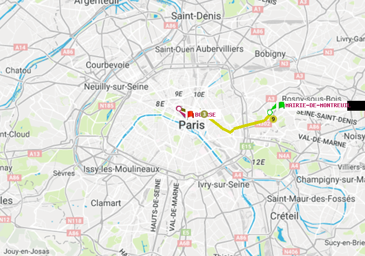 plan itinéraire ratp de Mairie de Montreuil à Bourse