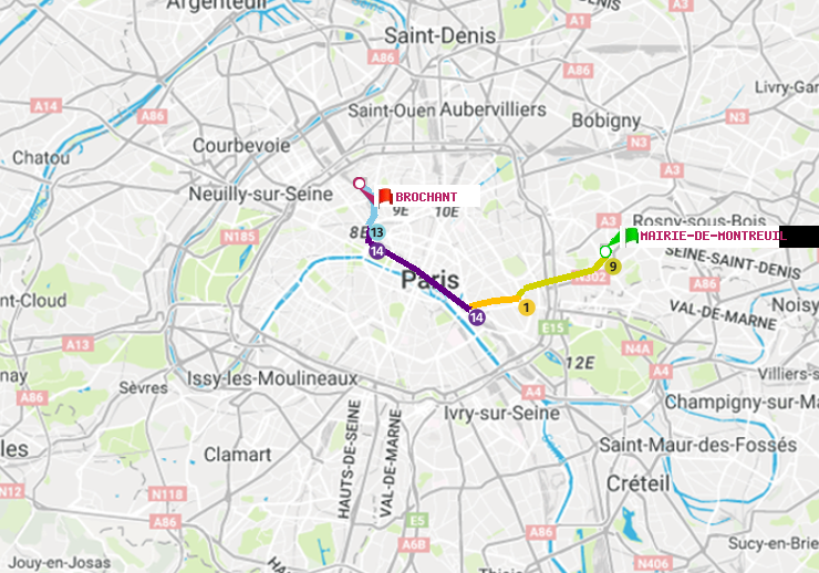 plan itinéraire ratp de Mairie de Montreuil à Brochant