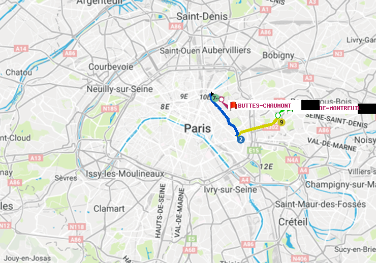 plan itinéraire ratp de Mairie de Montreuil à Buttes-Chaumont