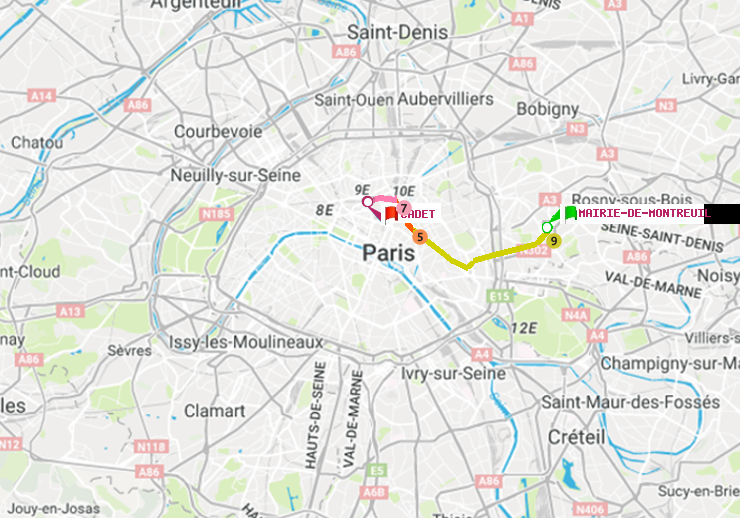 plan itinéraire ratp de Mairie de Montreuil à Cadet