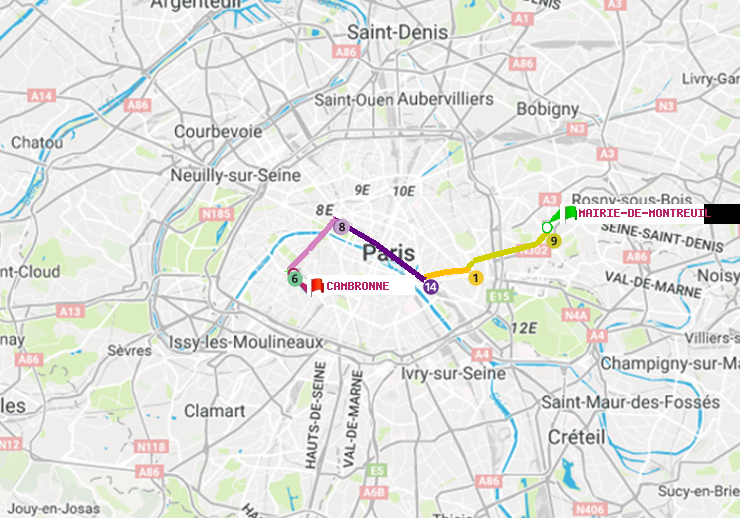 plan itinéraire ratp de Mairie de Montreuil à Cambronne