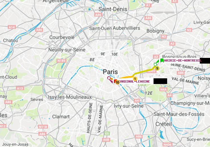 plan itinéraire ratp de Mairie de Montreuil à Cardinal-Lemoine