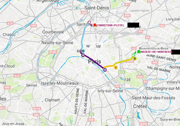 plan itinéraire ratp de Mairie de Montreuil à Carrefour-Pleyel