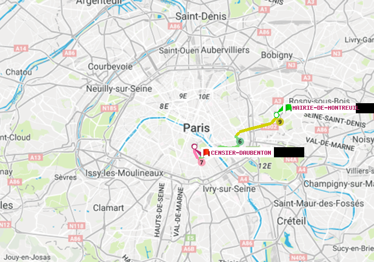 plan itinéraire ratp de Mairie de Montreuil à Censier-Daubenton