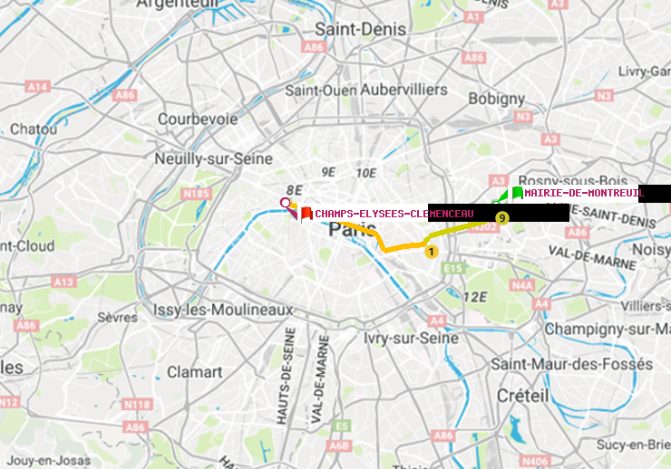 plan itinéraire ratp de Mairie de Montreuil à Champs-Elysées-Clémenceau