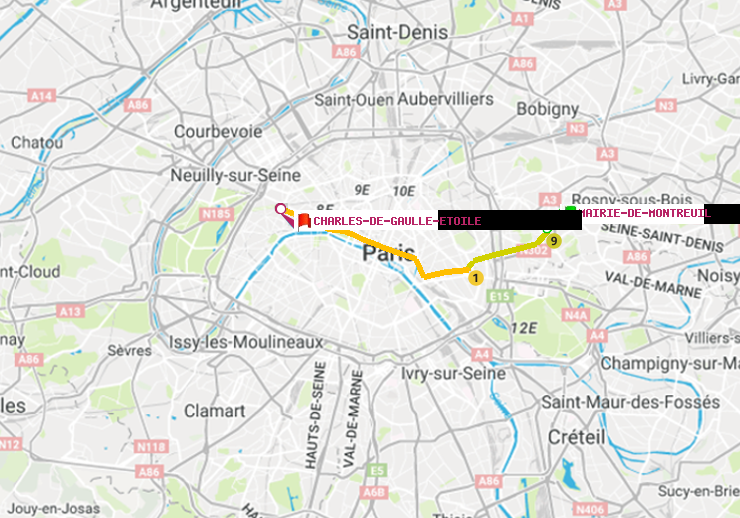 plan itinéraire ratp de Mairie de Montreuil à Charles de Gaulle-Etoile