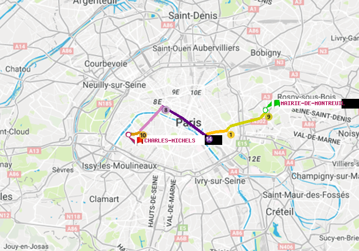 plan itinéraire ratp de Mairie de Montreuil à Charles Michels