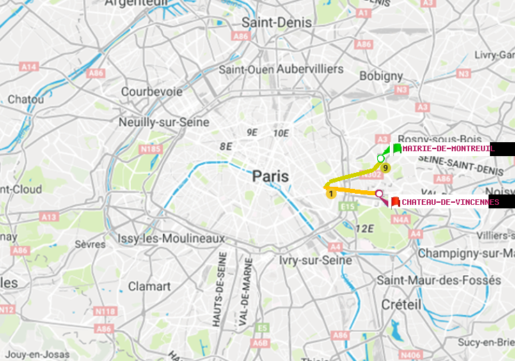 plan itinéraire ratp de Mairie de Montreuil à Château de Vincennes
