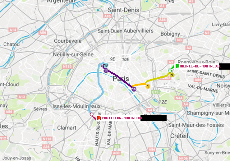 plan itinéraire ratp de Mairie de Montreuil à Châtillon Montrouge