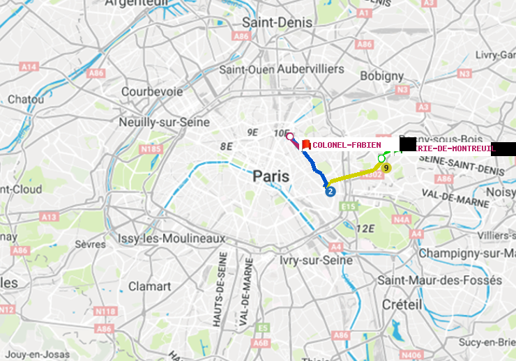 plan itinéraire ratp de Mairie de Montreuil à Colonel Fabien
