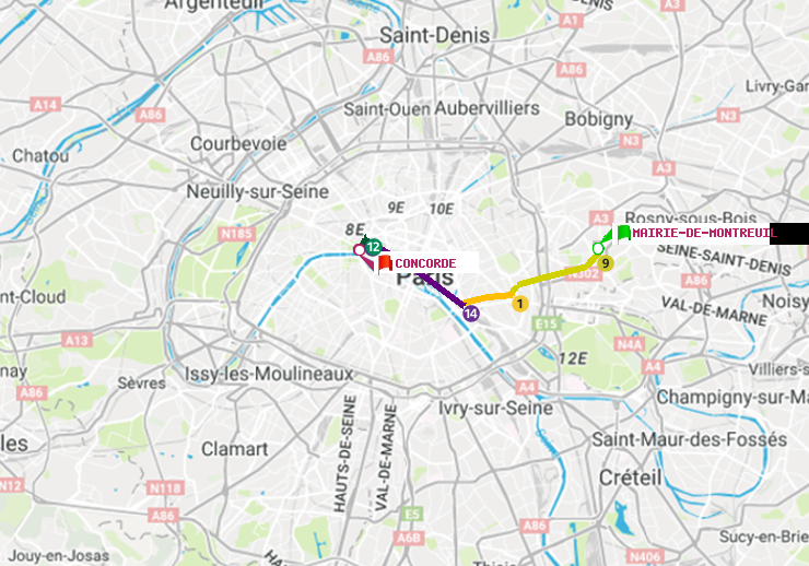 plan itinéraire ratp de Mairie de Montreuil à Concorde