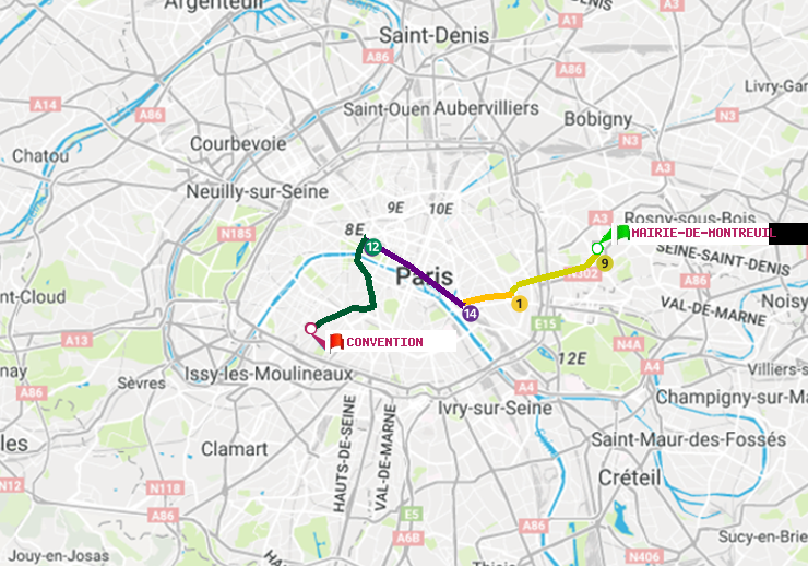 plan itinéraire ratp de Mairie de Montreuil à Convention