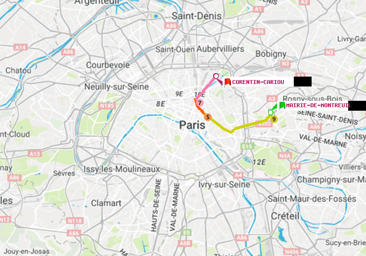 plan itinéraire ratp de Mairie de Montreuil à Corentin-Cariou