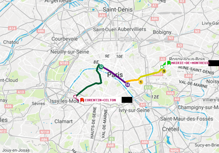 plan itinéraire ratp de Mairie de Montreuil à Corentin-Celton