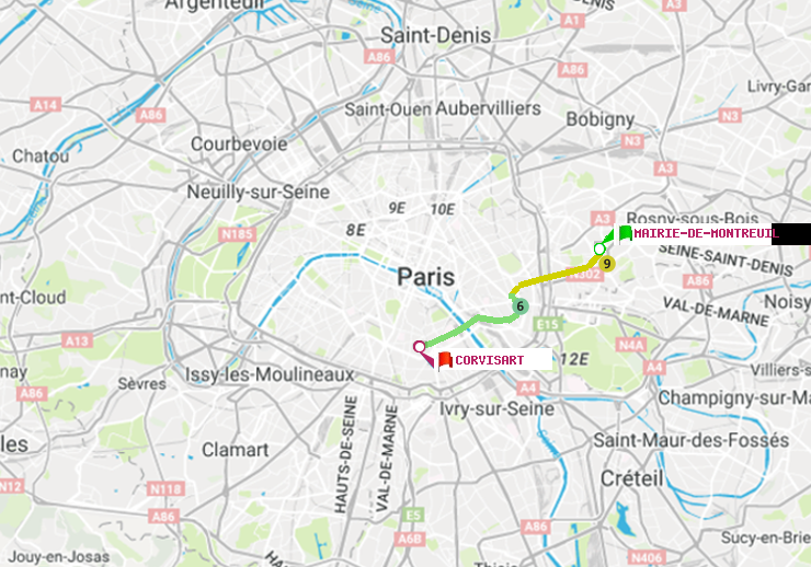 plan itinéraire ratp de Mairie de Montreuil à Corvisart