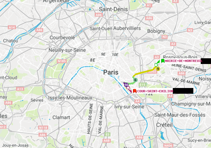 plan itinéraire ratp de Mairie de Montreuil à Cour Saint-Emilion