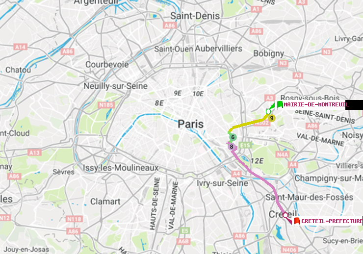 plan itinéraire ratp de Mairie de Montreuil à Créteil-Préfecture (Hôtel de Ville)